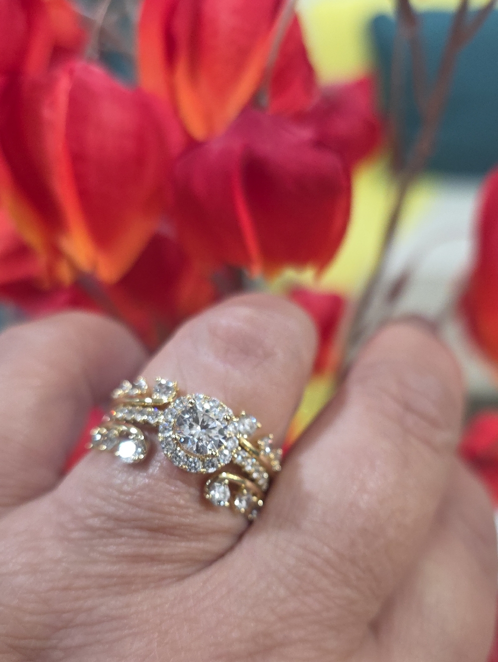 14k Gold Plated Halo Diamond Cluster Ring - Elegant Women's Jewelry